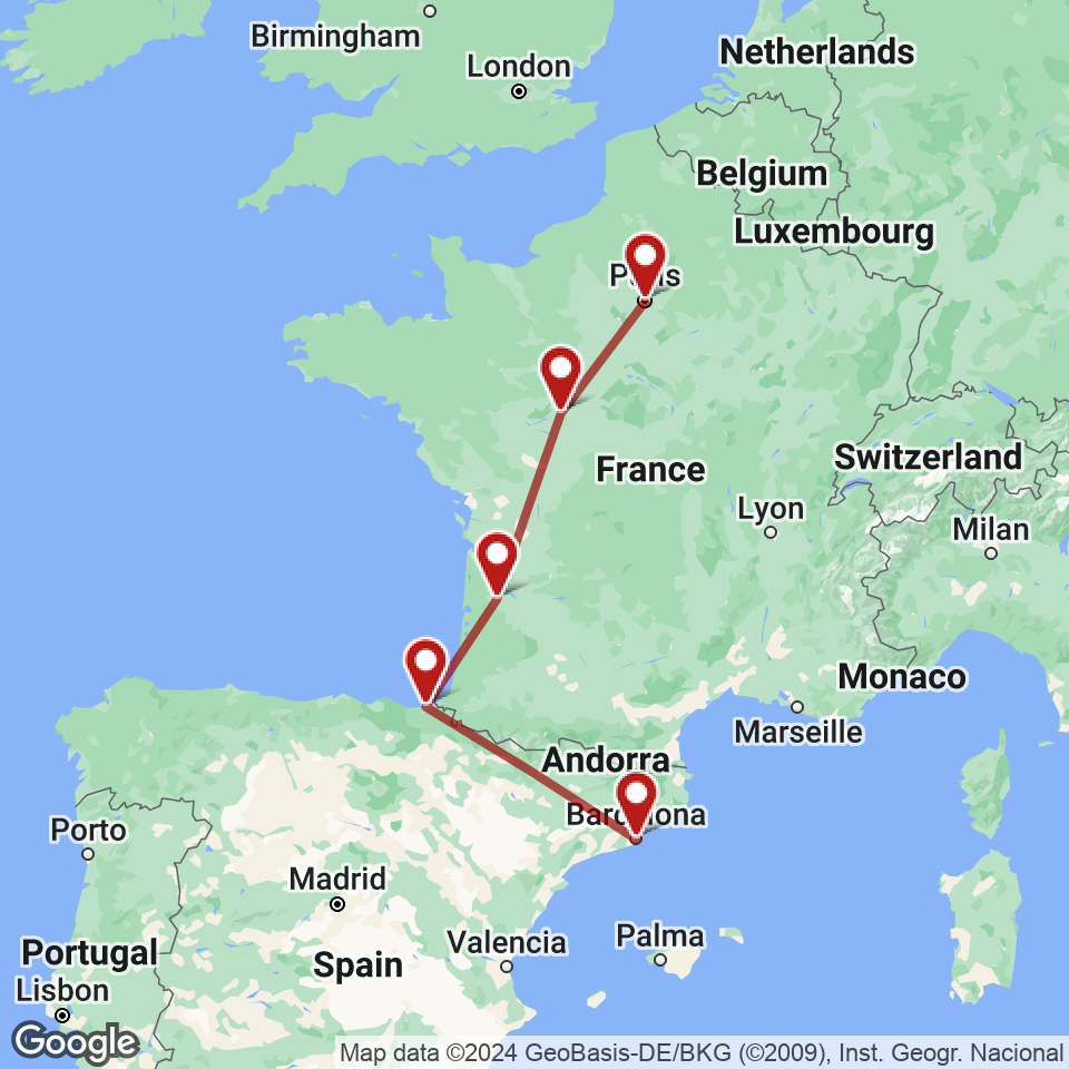 Route for Barcelona, San Sebastian, Bordeaux, Tours, Paris tour